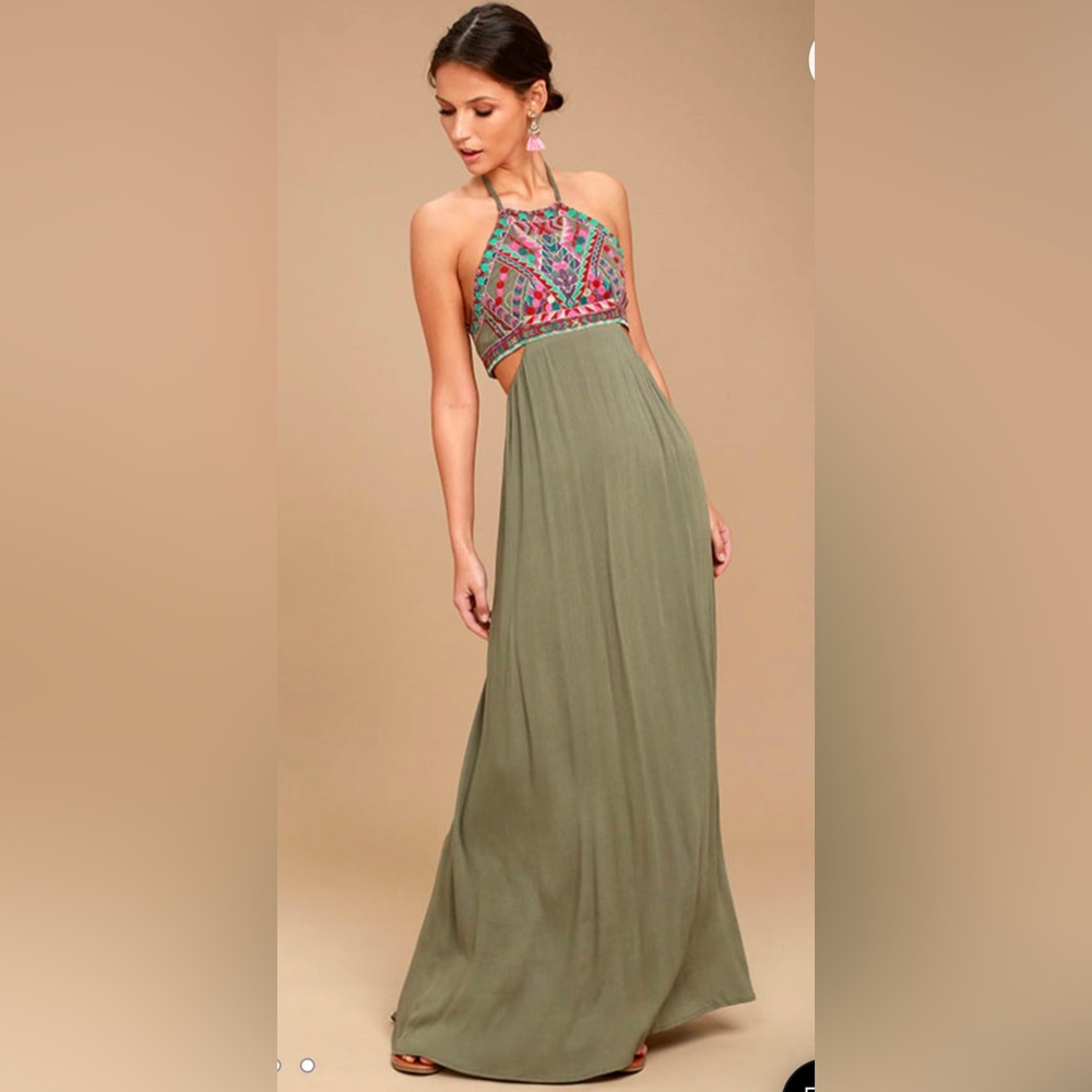 Lulus olive green embroidered maxi dress